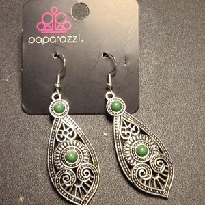 Paparazzi Silver Earrings with Green Accents